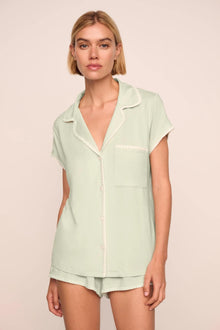 Model is wearing Frida TENCEL Modal Shortie Short PJ Set in Mint Cream/Ivory