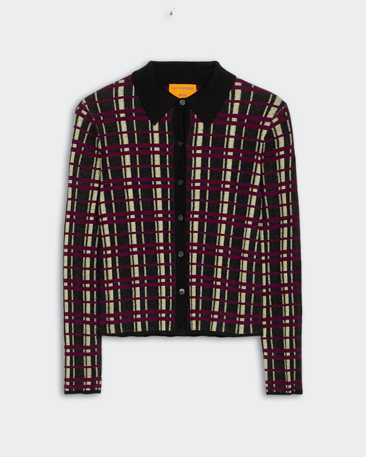 Plaid Elle Shirt - Black Combo with lightweight ribbed fabric, shirt collar, and front button-up closure in silk linen blend.
