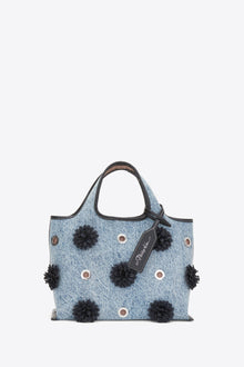 Denim Mini Market Tote with Leather Flowers | Washed Indigo