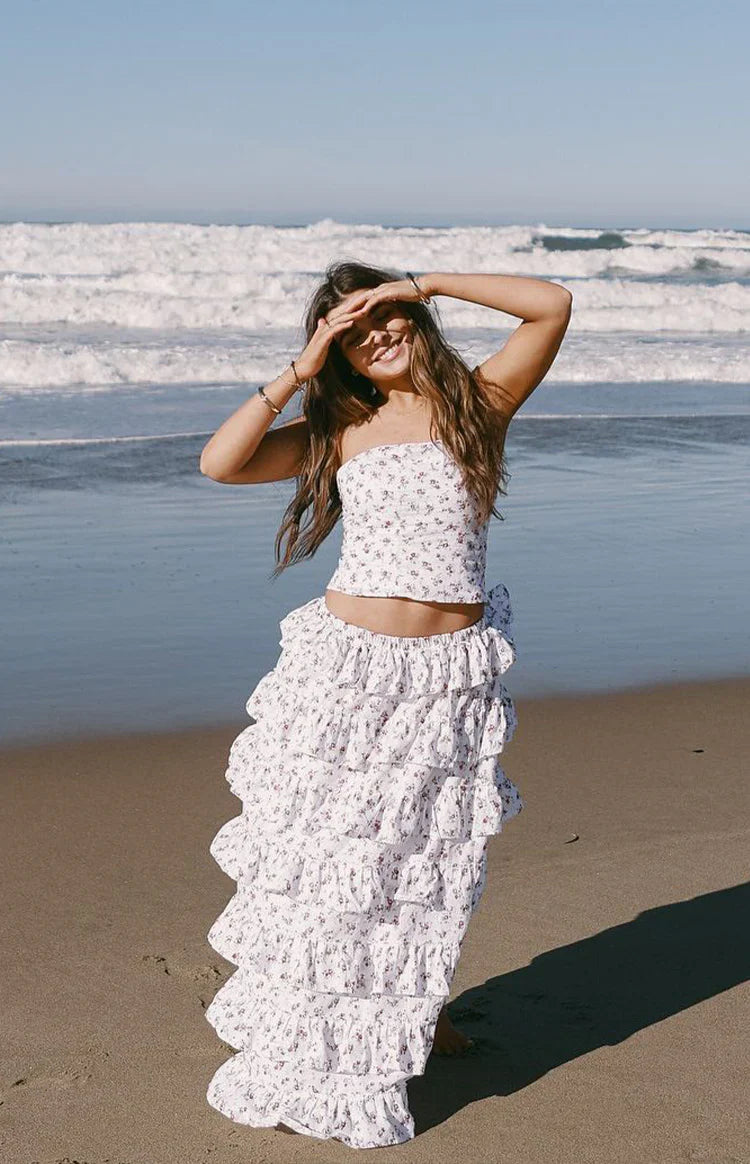 Paisley Floral Ruffle Maxi Skirt | White