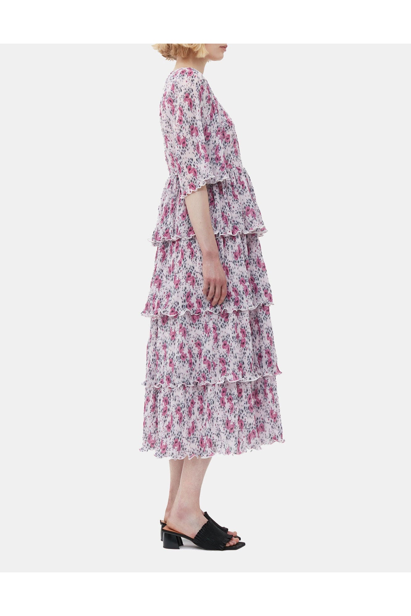 Pleated Georgette Flounce Smock Midi Dress | Mauve Chalk
