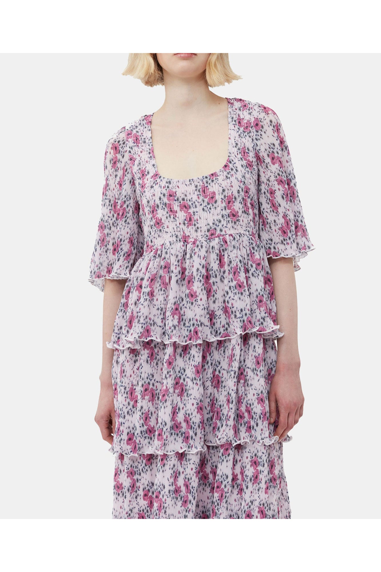 Pleated Georgette Flounce Smock Midi Dress | Mauve Chalk