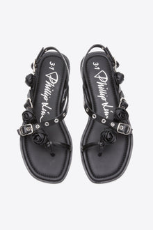 Strappy Eyelet Sandal with Rosettes | Black
