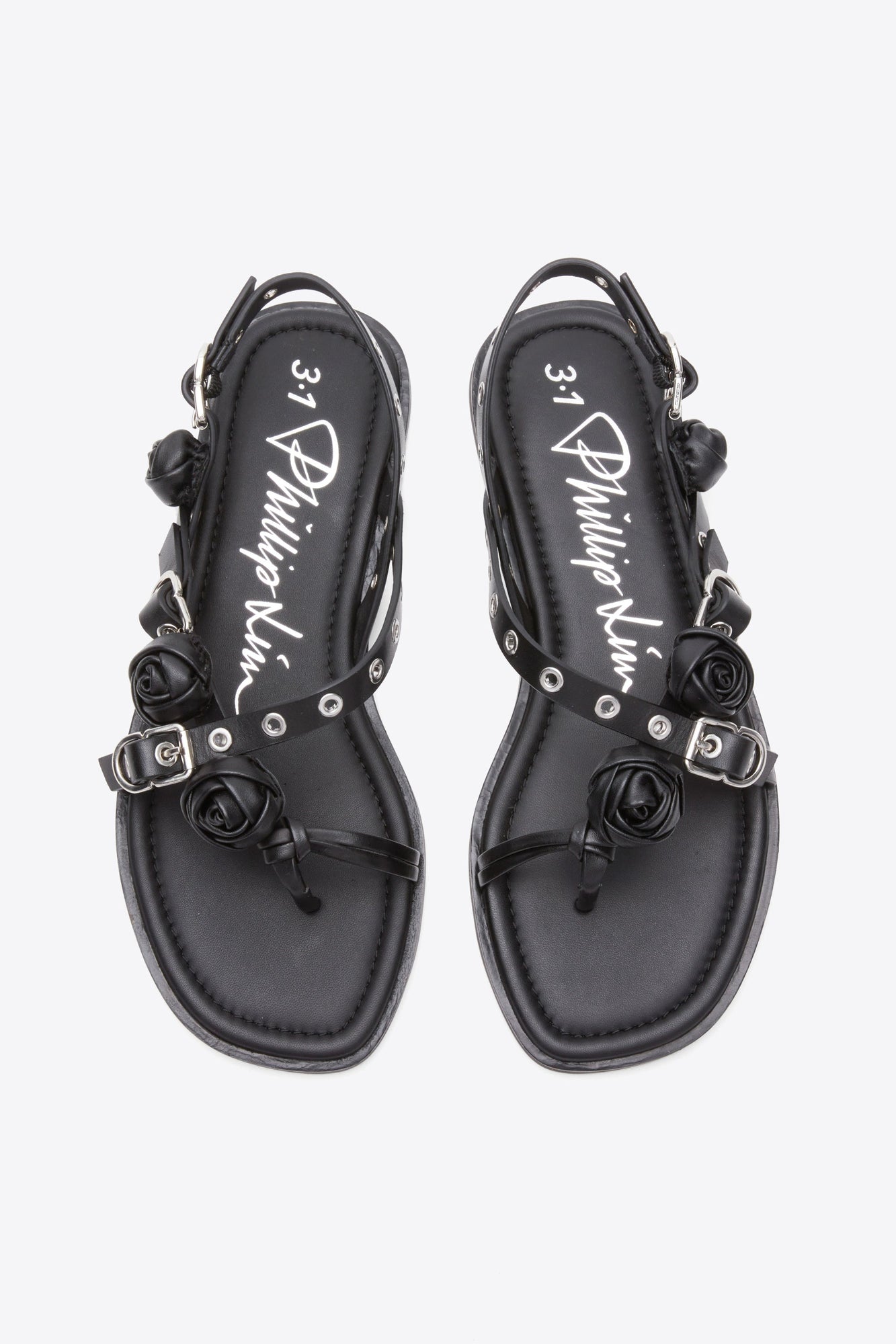 Strappy Eyelet Sandal with Rosettes | Black