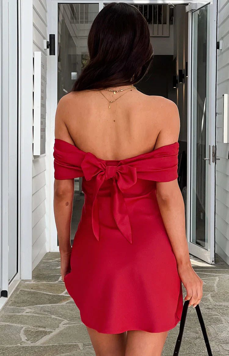 Primrose Satin Off the Shoulder Mini Dress | Red