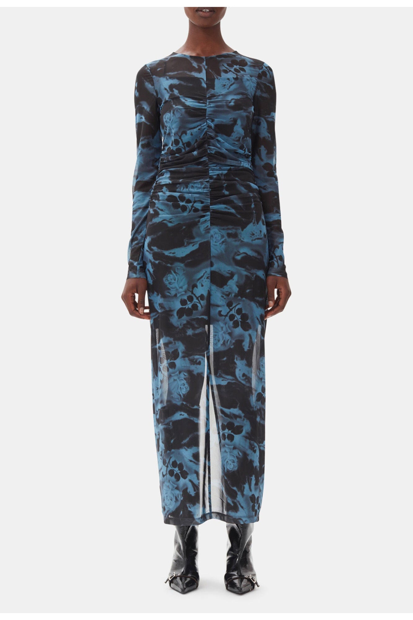 Printed Mesh O neck Ruched Long Dress | Blue Shadow