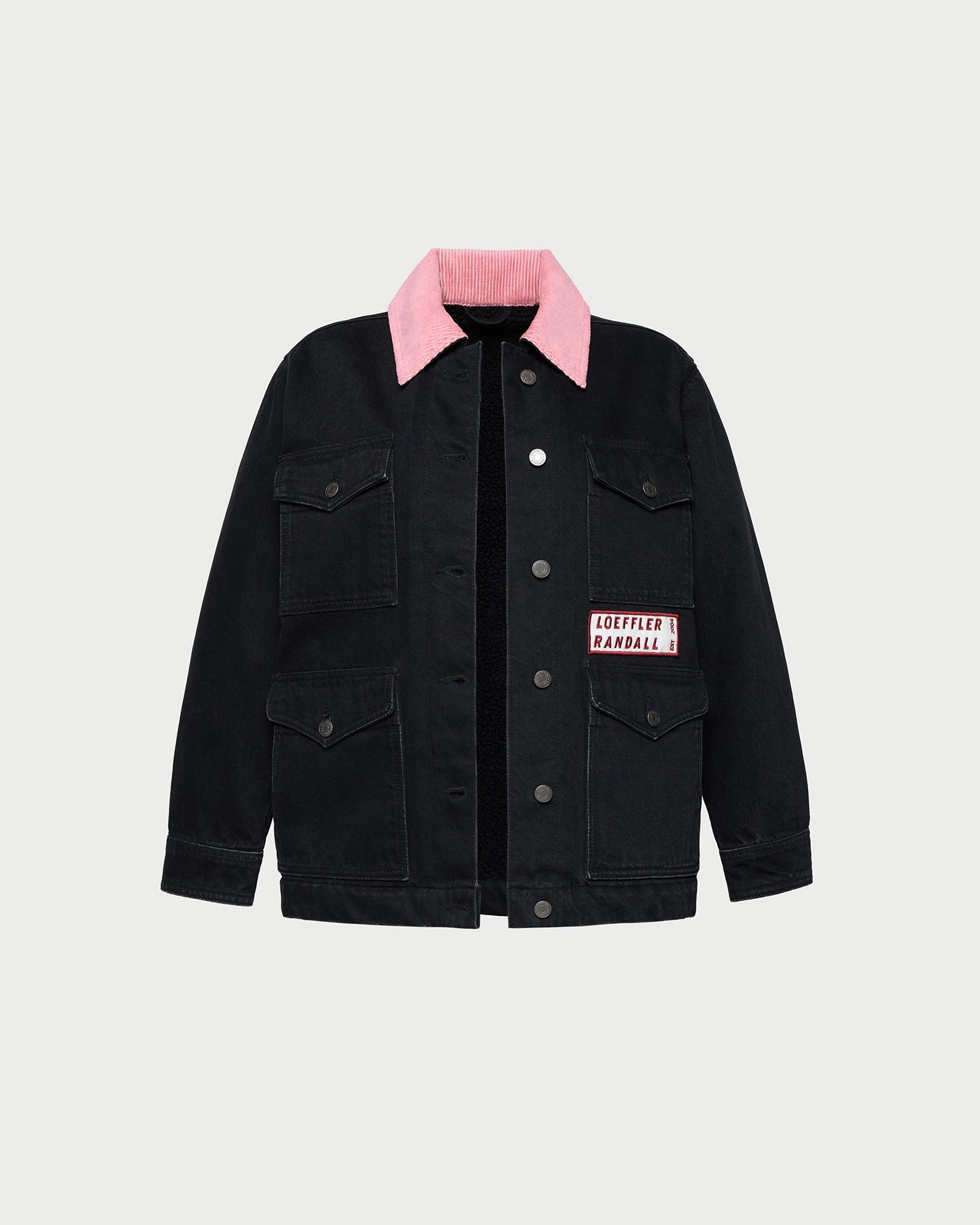 Quincy Jacket in black denim and pink corduroy.