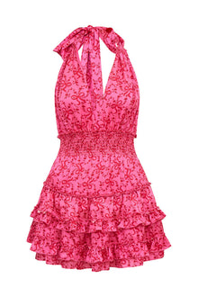 Quintelle Silk Bow-Printed Halter Mini Dress | Raspberry Burst