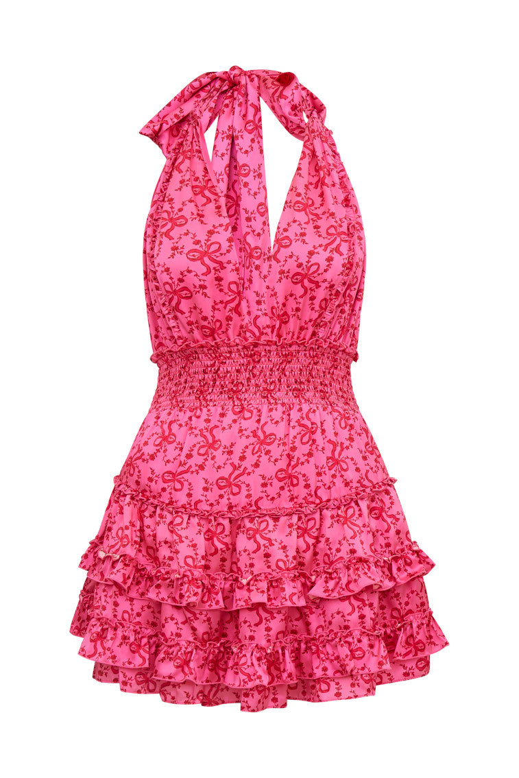 Quintelle Silk Bow-Printed Halter Mini Dress | Raspberry Burst