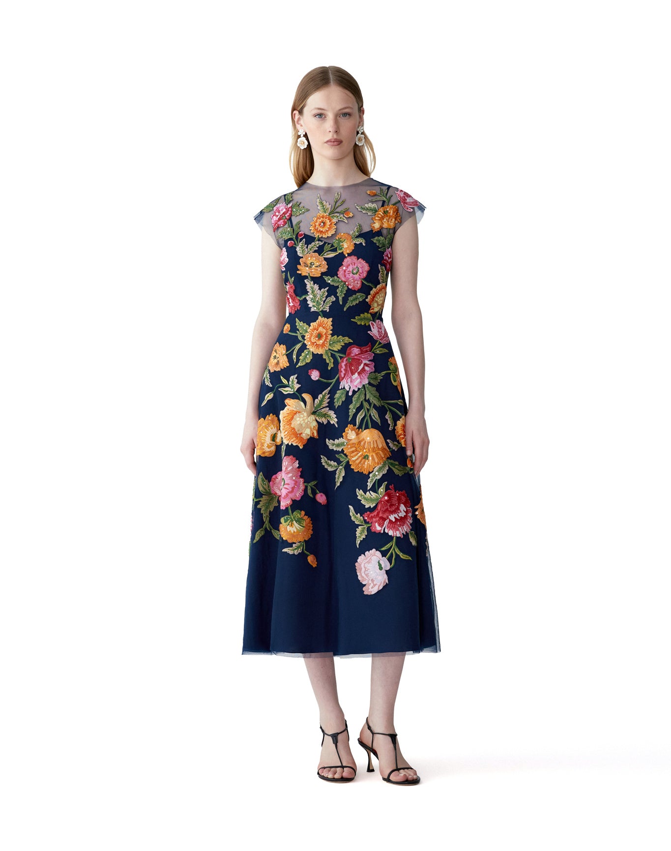 Embroidered Cap Sleeve Crewneck Midi Dress | Midnight Multi