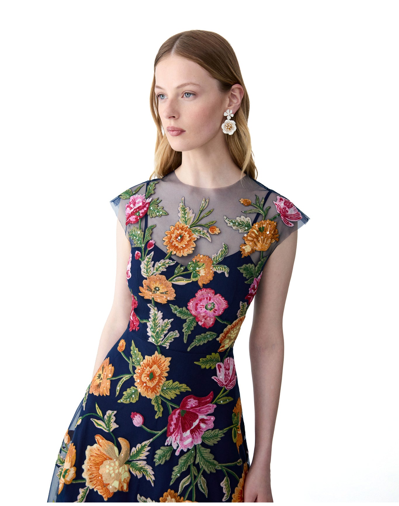Embroidered Cap Sleeve Crewneck Midi Dress | Midnight Multi