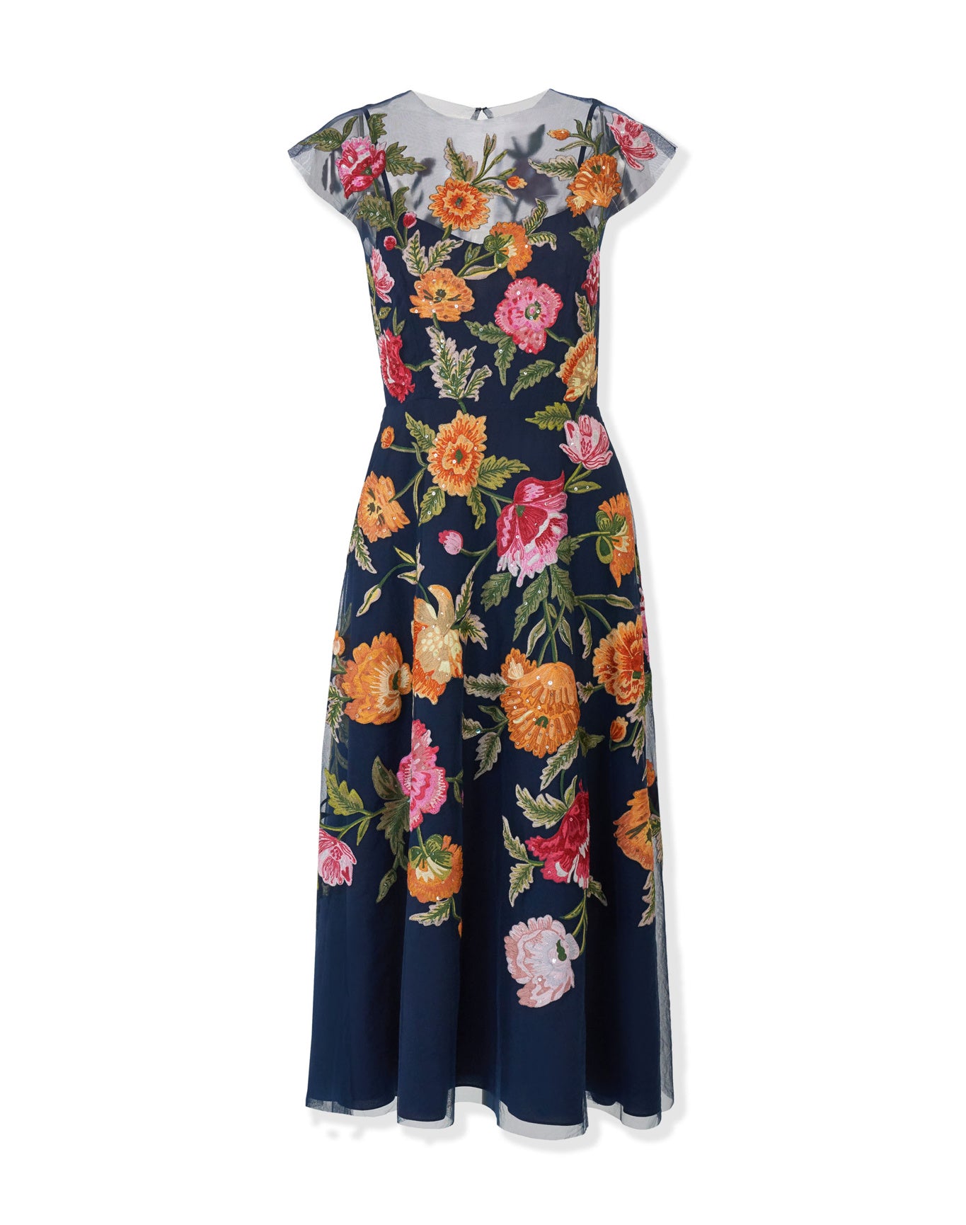 Embroidered Cap Sleeve Crewneck Midi Dress | Midnight Multi