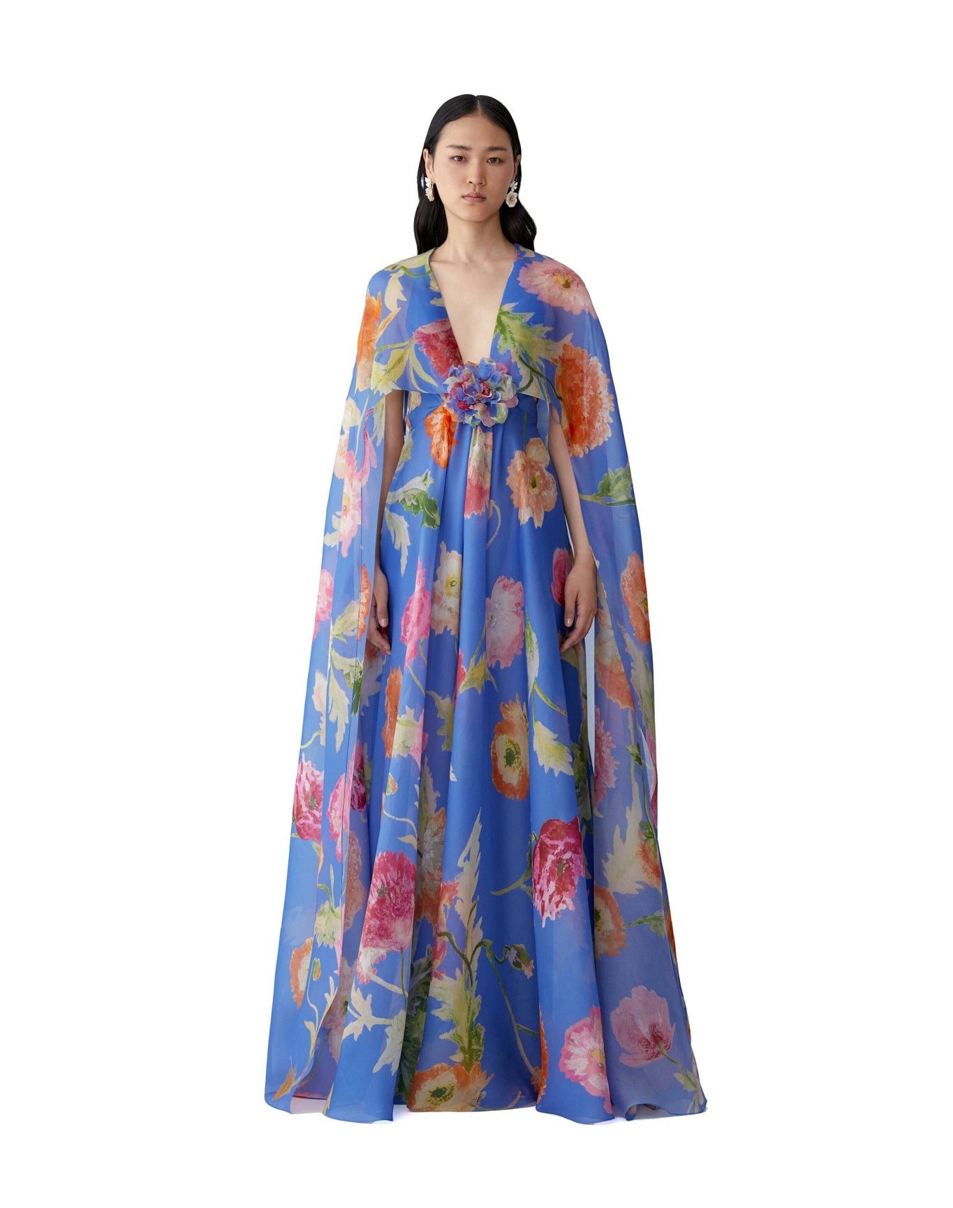 V-Neck Gown With Cape & Flower | Bluebell Multi