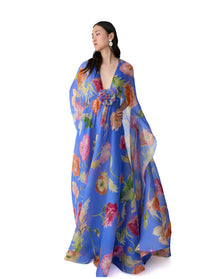 V-Neck Gown With Cape & Flower | Bluebell Multi