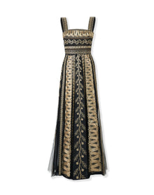 Embroidered Thick Strap A-Line Gown | Gold Multi