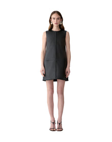 Sleeveless Crewneck Leather Mini Dress | Black