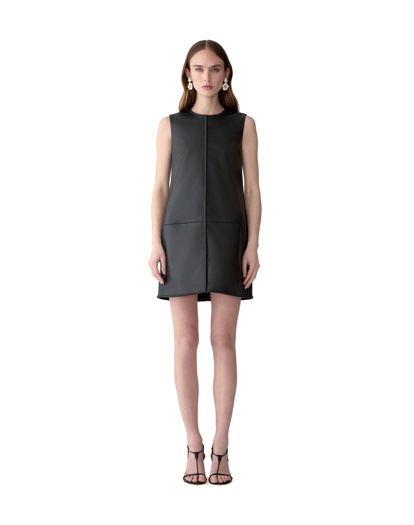 Sleeveless Crewneck Leather Mini Dress | Black