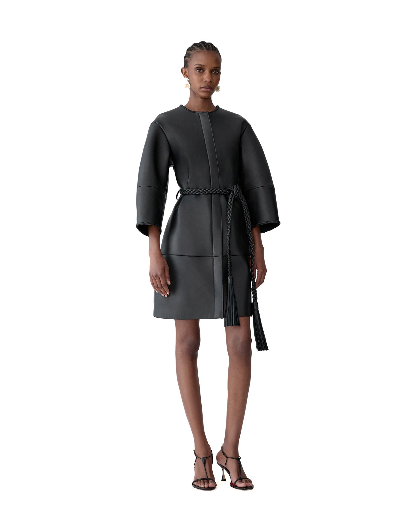 Arc Sleeve Crewneck Leather Coat | Black