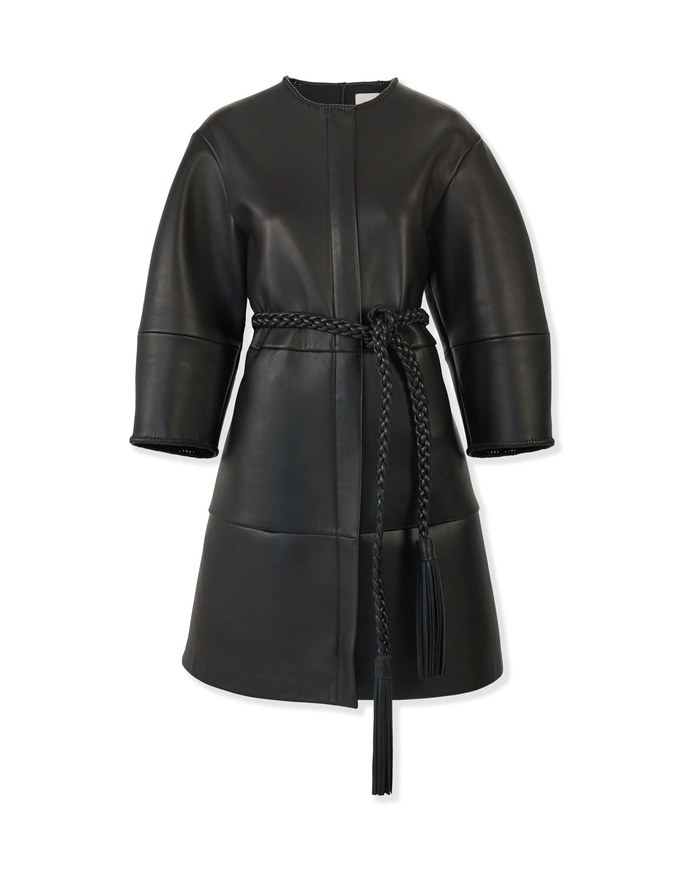 Arc Sleeve Crewneck Leather Coat | Black