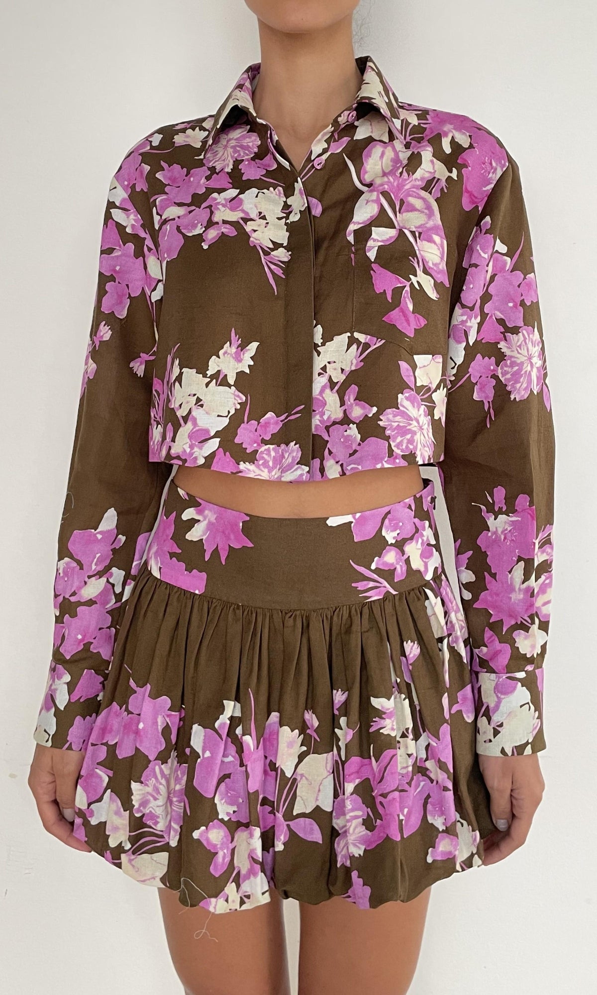 Womens | Alfy Thin Linen Cotton Bubble Hem Mini Skirt | Brown Pink