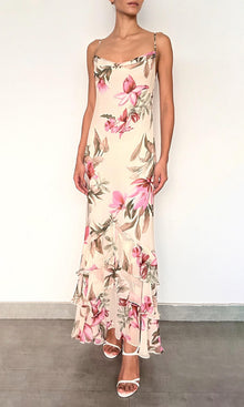 Rococo Sand | Cai Heavy Viscose Crinkle Chiffon Cowl High Low Maxi Dress | Cream Pink Multi