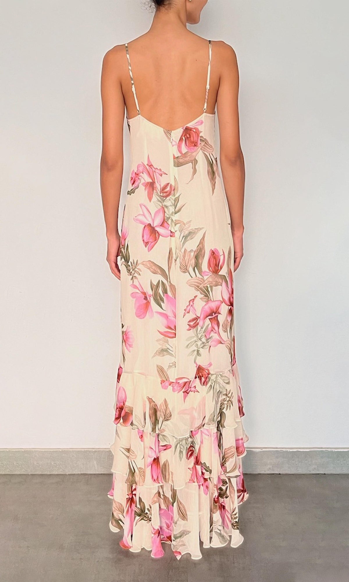Rococo Sand | Cai Heavy Viscose Crinkle Chiffon Cowl High Low Maxi Dress | Cream Pink Multi
