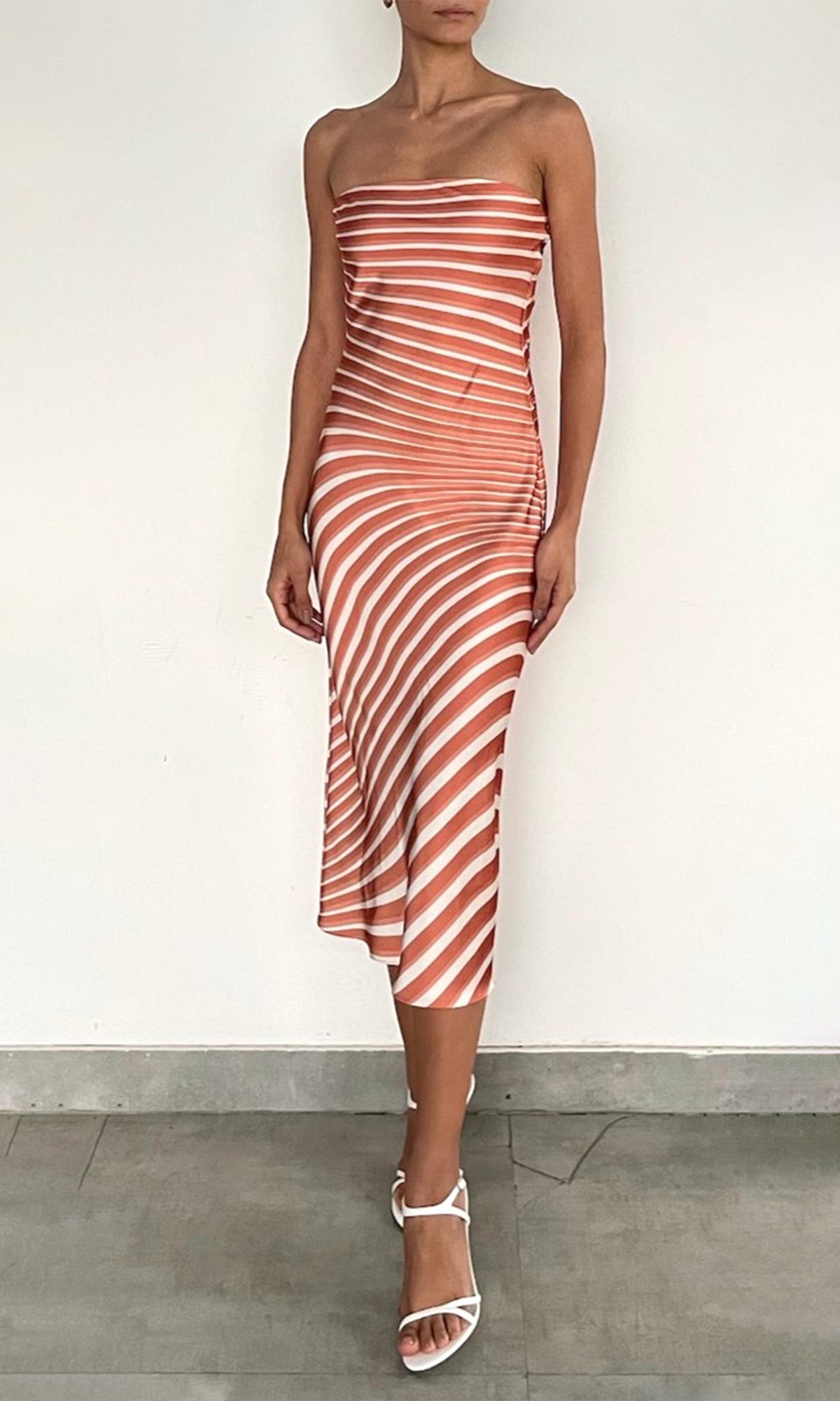Womens | Czar Polyester Double Satin Strapless Midi Dress | Off-White Brown