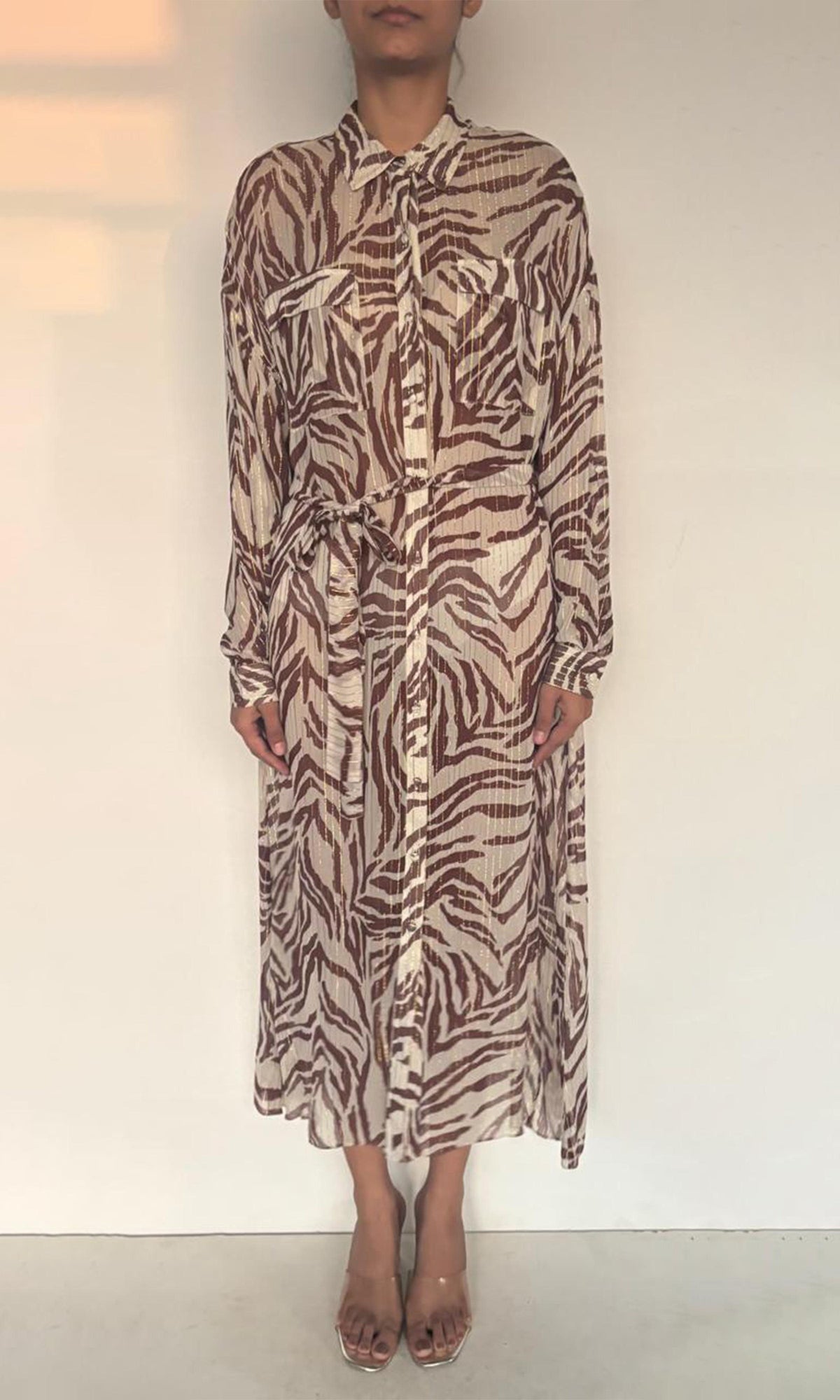 Rococo Sand | Fauve Viscose Georgette Lurex Long Dress | Brown