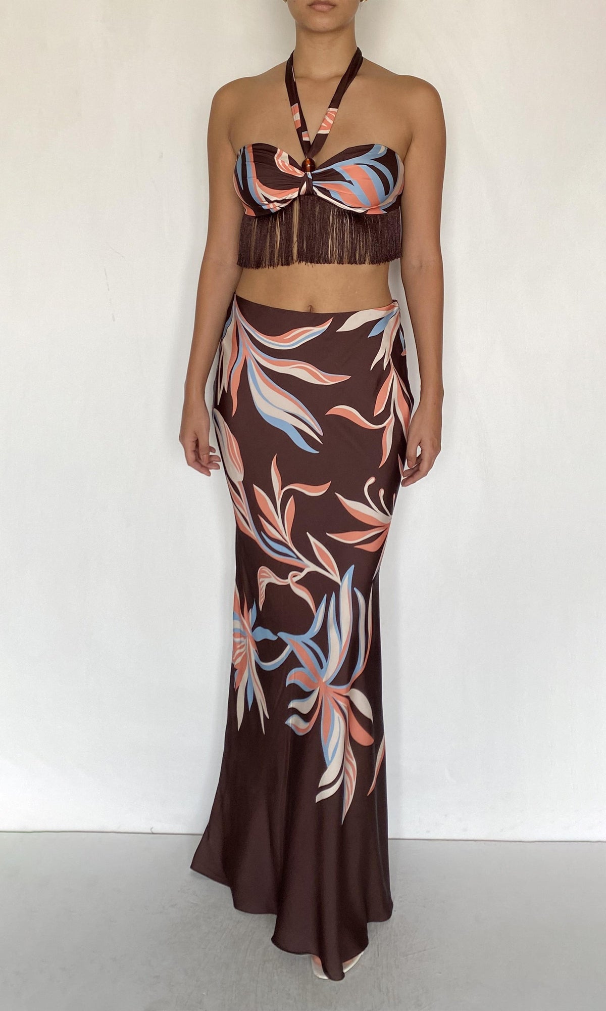 Womens | Fern Viscose Satin Fringe Top | Brown