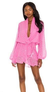 Rococo Sand | Fuchsia Viscose Georgtte Dobby Lurex Short Dress | Pink