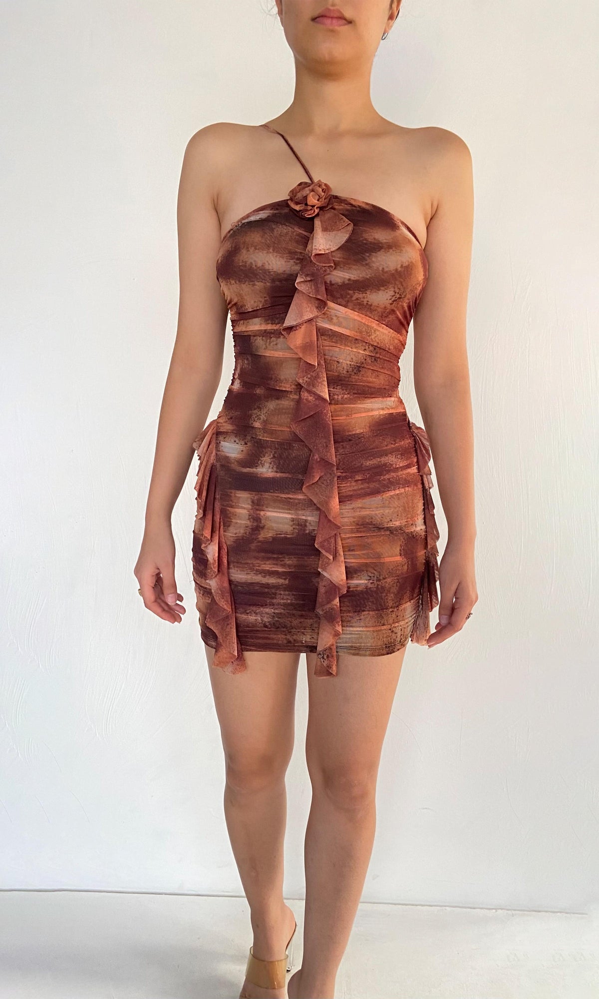 Womens | Inv Nylon Net Short Dress | Brown