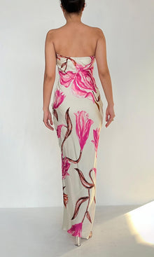 Womens | Inv Viscose Satin Lycra Long Dress | White-Pink