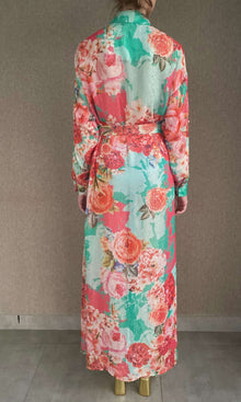 Rococo Sand | Ivy Gold And Silver Thin Stripe Lurex Georgette Long Dress With Slip And Tie Up Belt | Mint Green/Coral
