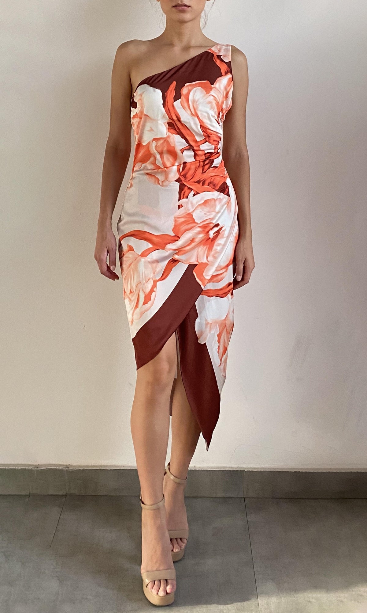 Womens | Jesse Polyester Satin Lycra Midi Dress | Beige