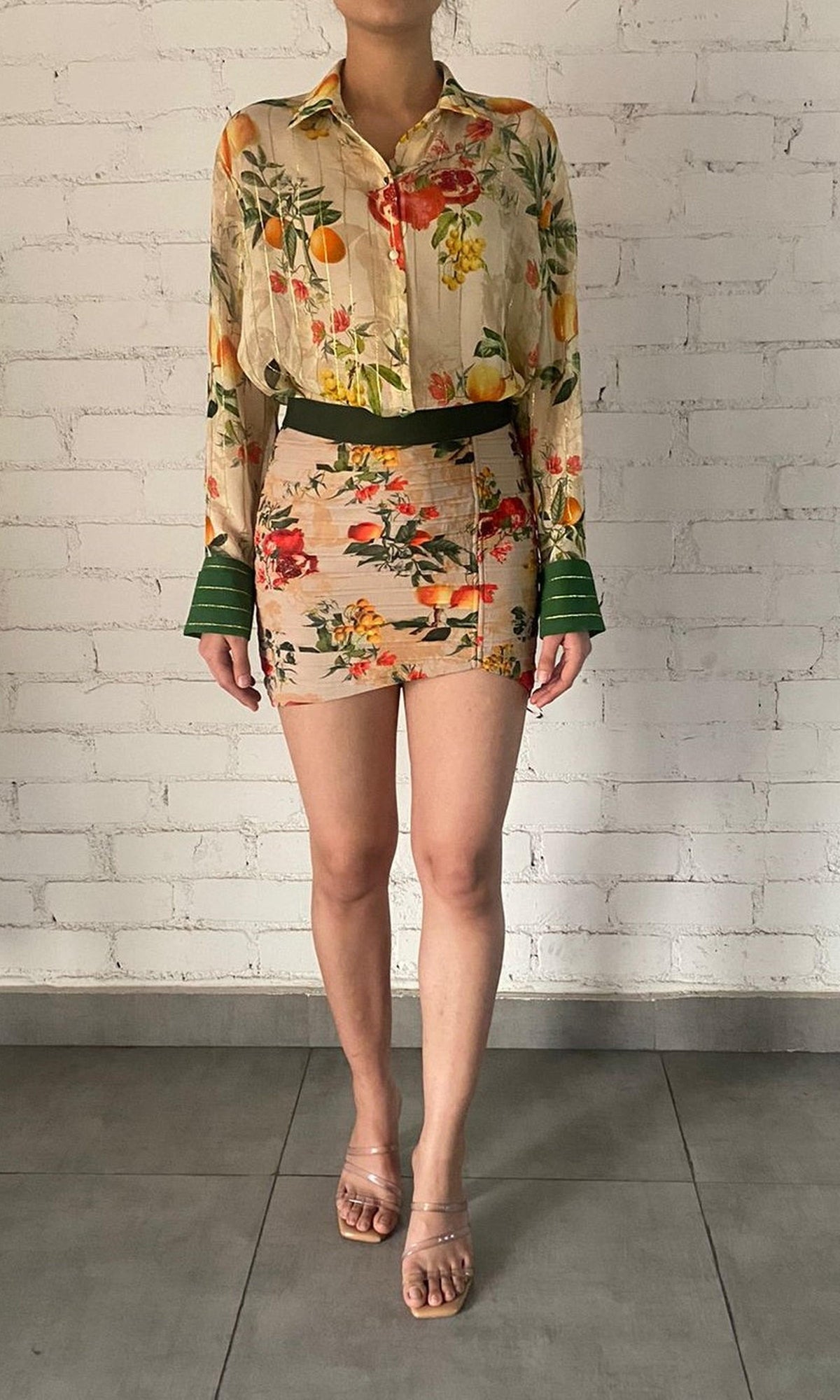 Rococo Sand | Katy Polyester Georgette Short Skirt | Beige/Green Floral
