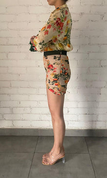 Rococo Sand | Katy Polyester Georgette Short Skirt | Beige/Green Floral