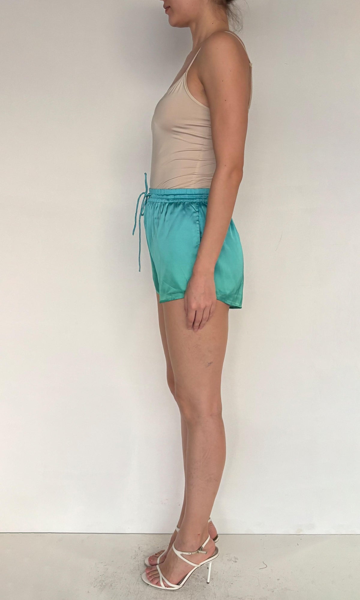 Womens | Kiki Polyester Satin Lycra Shorts | Blue Green