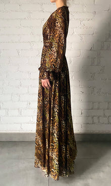 Womens | Kye Viscose Flat Chiffon Long Sleeve High Low Maxi Dress | Black Brown Multi