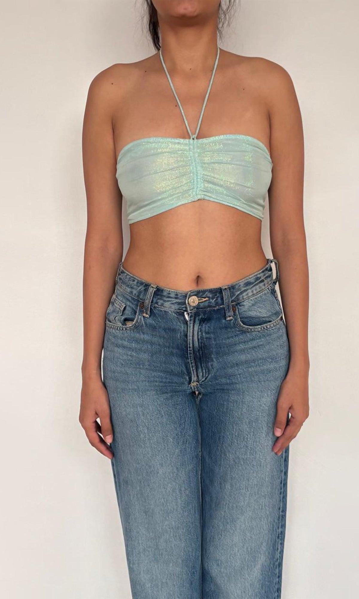 Rococo Sand | Lara Viscose Georgtte Lurex Bandeau | Aqua