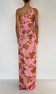 Womens | Mae Polyester Satin Lycra One Shoulder Ruched Maxi Dress | Peach