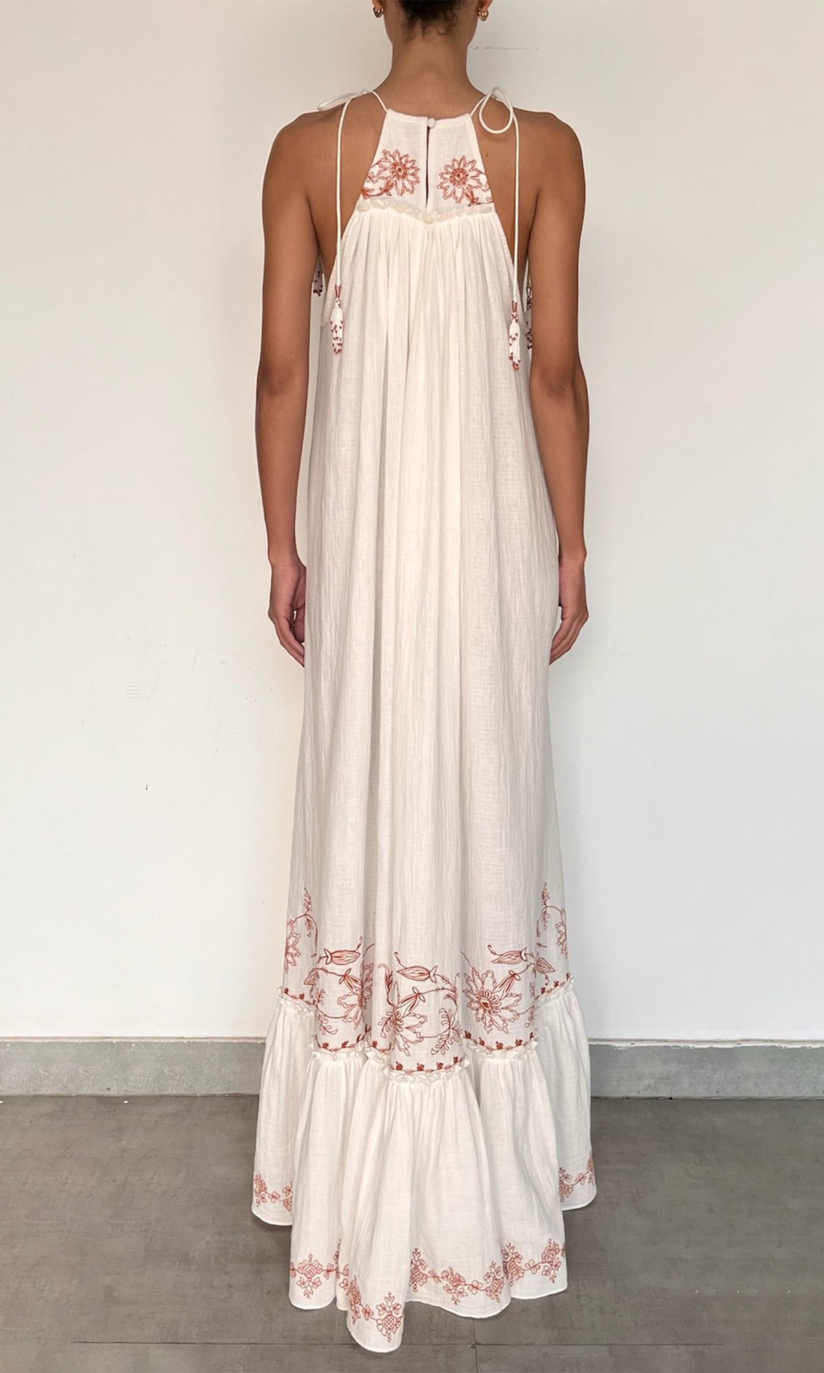 Rococo Sand | Myril Cotton Double Cloth Gauze Embroidered Tier Halterneck Maxi Dress | White Terracotta