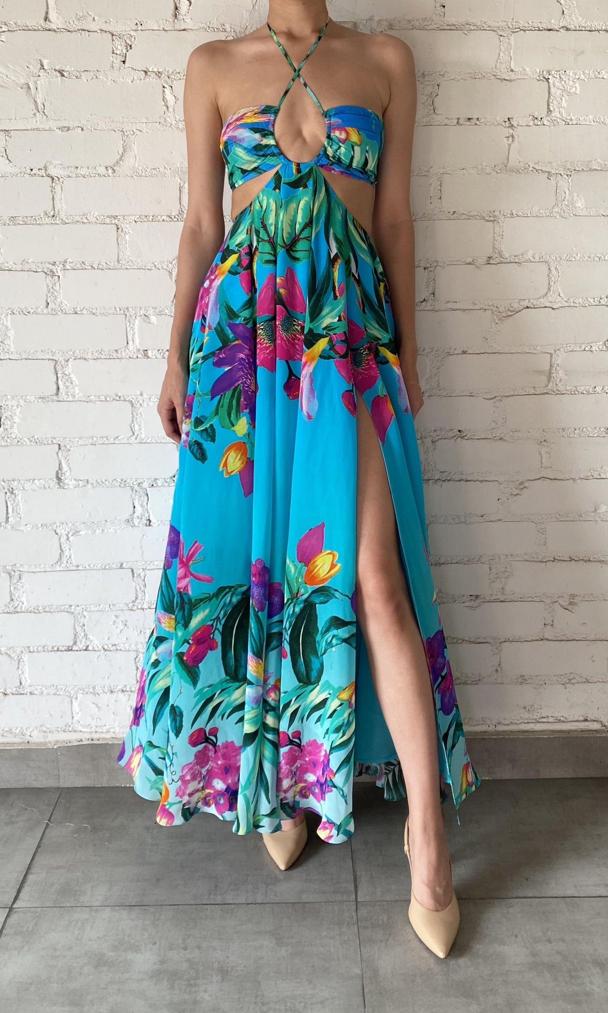 Womens | Ocean Viscose Flat Chiffon Crepe Maxi Dress | Turquoise