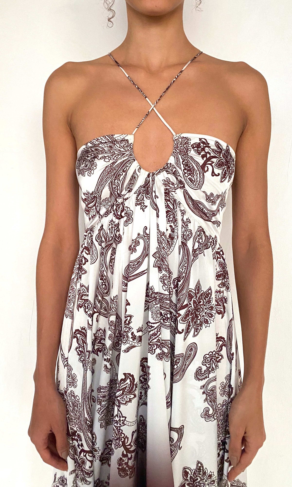 Womens | Orla Polyester Satin Lycra String Detail High Low Maxi Dress | Off-White Brown