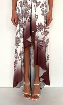 Womens | Orla Polyester Satin Lycra String Detail High Low Maxi Dress | Off-White Brown