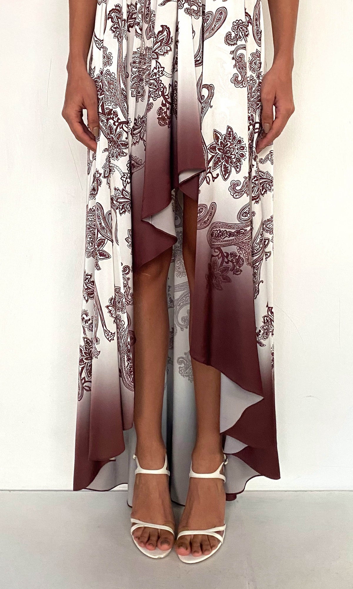 Womens | Orla Polyester Satin Lycra String Detail High Low Maxi Dress | Off-White Brown