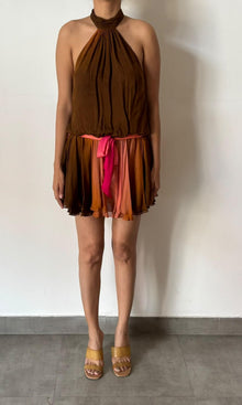 Rococo Sand | Rae Viscose Flat Chiffon Halter Neck Short Dress | Peach Brown Ombre