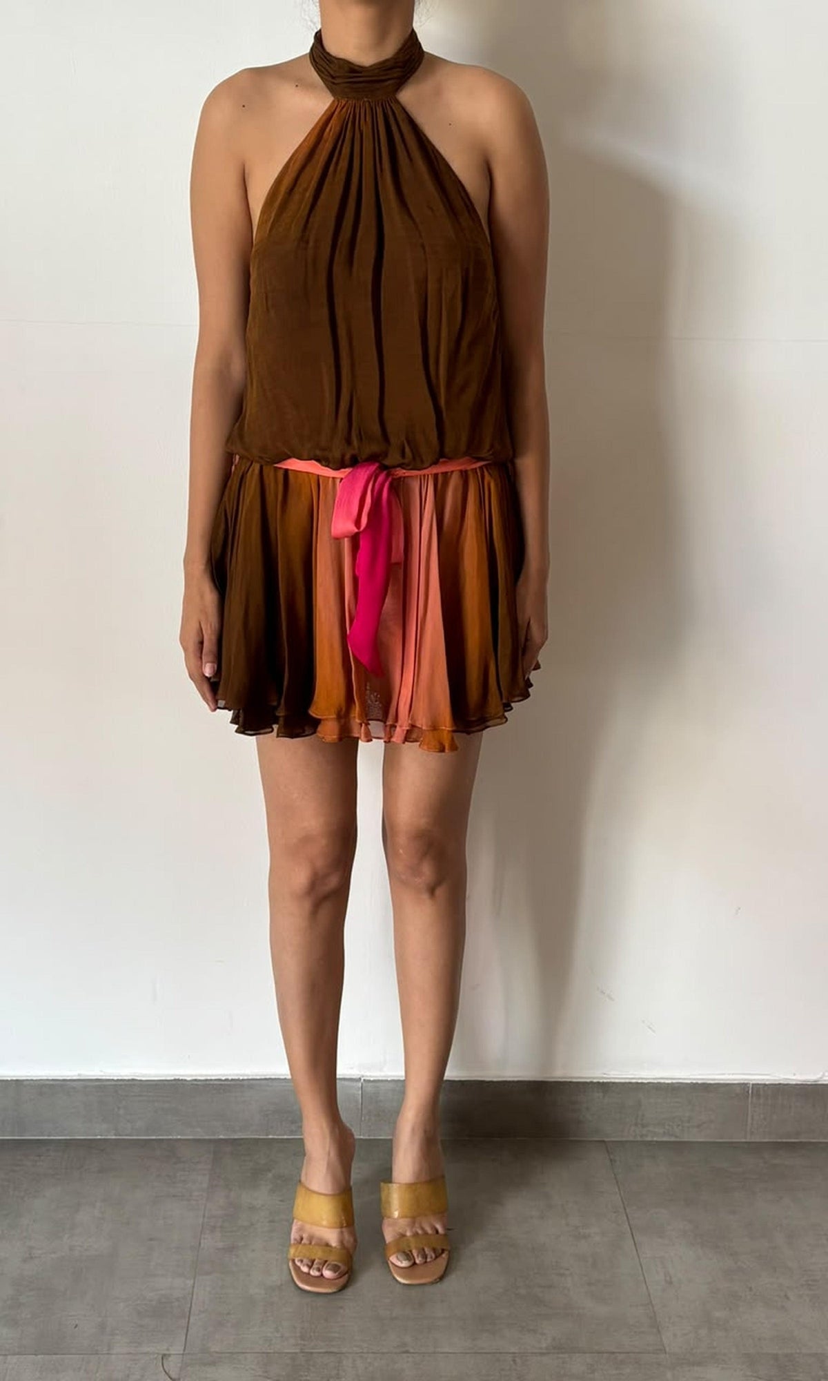 Rococo Sand | Rae Viscose Flat Chiffon Halter Neck Short Dress | Peach Brown Ombre