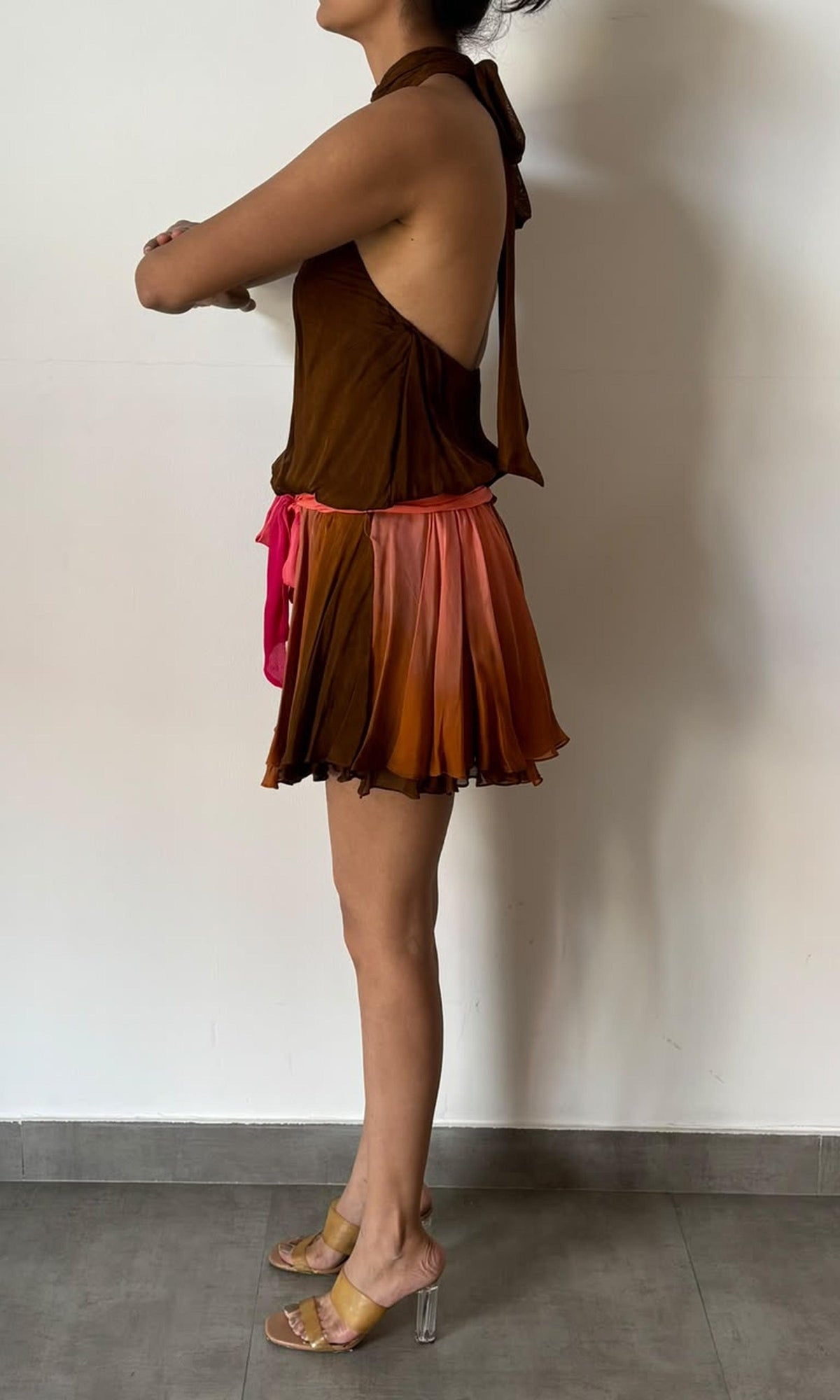 Rococo Sand | Rae Viscose Flat Chiffon Halter Neck Short Dress | Peach Brown Ombre
