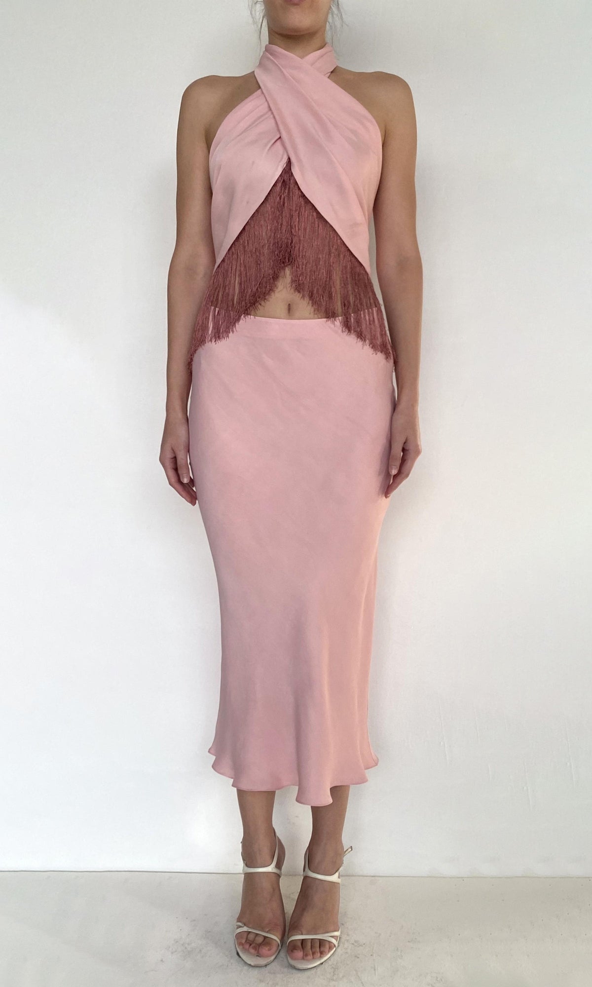 Womens | Shae Viscose Heavy Satin Fringed Halter Top | Pink