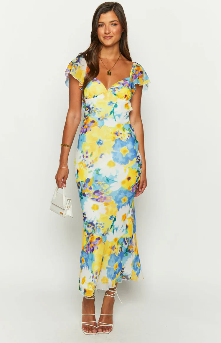 Raymi Floral Chiffon Maxi Dress | Blue